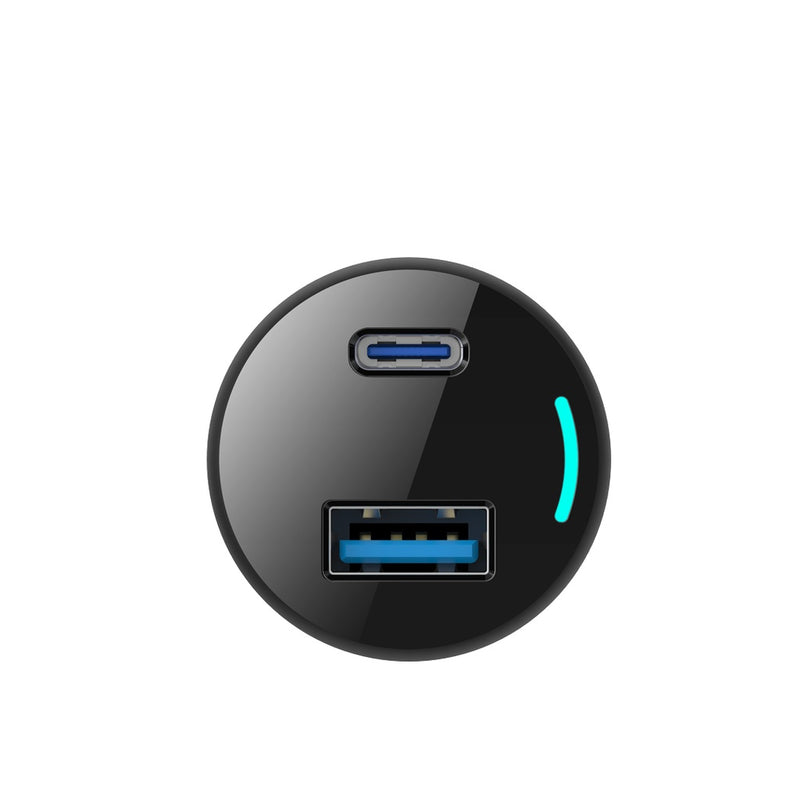 Powerology 65W PD + QC3.0 LED Dual Ports Car Charger - Black - شاحن سيارة - 2 منفذين للشحن السريع - قوة 65 واط -1 منفذ تايب سي - 1 منفذ يو اس بي - كفالة 24 شهر