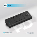 Powerology 6AC 2500W Power Strip - Black - بلاك موزع شحن - 6 منافذ كهرباء + 2 منفذين تايب سي - قوة 20 واط - 2 منفذين يو اس بي اي - طول 3 متر - كفاله 24 شهر
