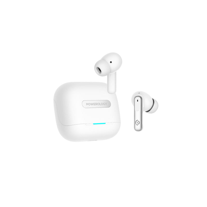 Powerology 6 Mic Hybrid ANC + ENC True Wireless Buds - White [O] - سماعة باورولوجي - بلوتوث - خاصيه عزل الضوضاء - تدعم التحكم باللمس - كفالة 24 شهر