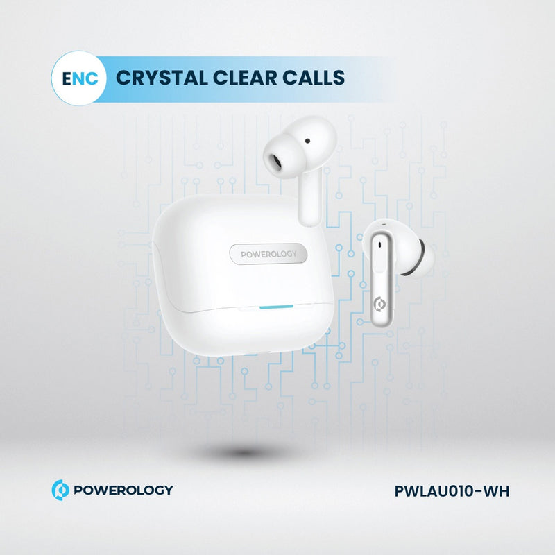 Powerology 6 Mic Hybrid ANC + ENC True Wireless Buds - White [O] - سماعة باورولوجي - بلوتوث - خاصيه عزل الضوضاء - تدعم التحكم باللمس - كفالة 24 شهر