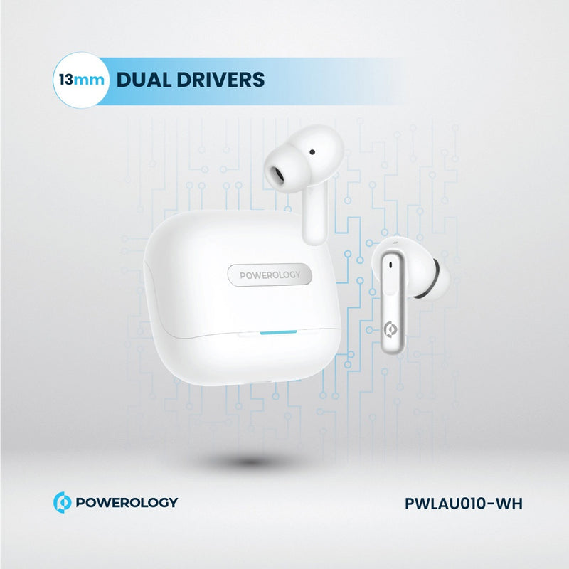 Powerology 6 Mic Hybrid ANC + ENC True Wireless Buds - White [O] - سماعة باورولوجي - بلوتوث - خاصيه عزل الضوضاء - تدعم التحكم باللمس - كفالة 24 شهر
