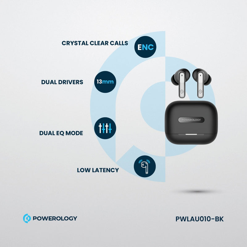 Powerology 6 Mic Hybrid ANC + ENC True Wireless Buds - Black - سماعة باورولوجي - بلوتوث - خاصيه عزل الضوضاء - تدعم التحكم باللمس - كفالة 24 شهر