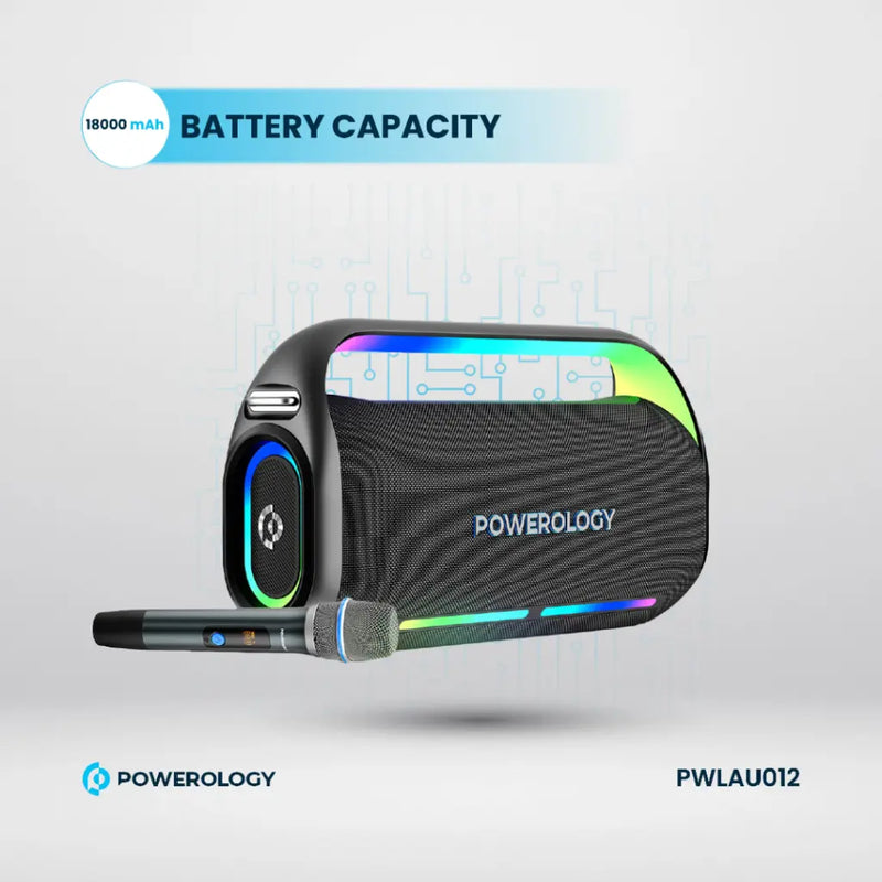 Powerology Deep Bass Party Speaker - Black [O] - سبيكر مكبر صوت + ميكروفون - باورولجي - كفالة 24 شهر