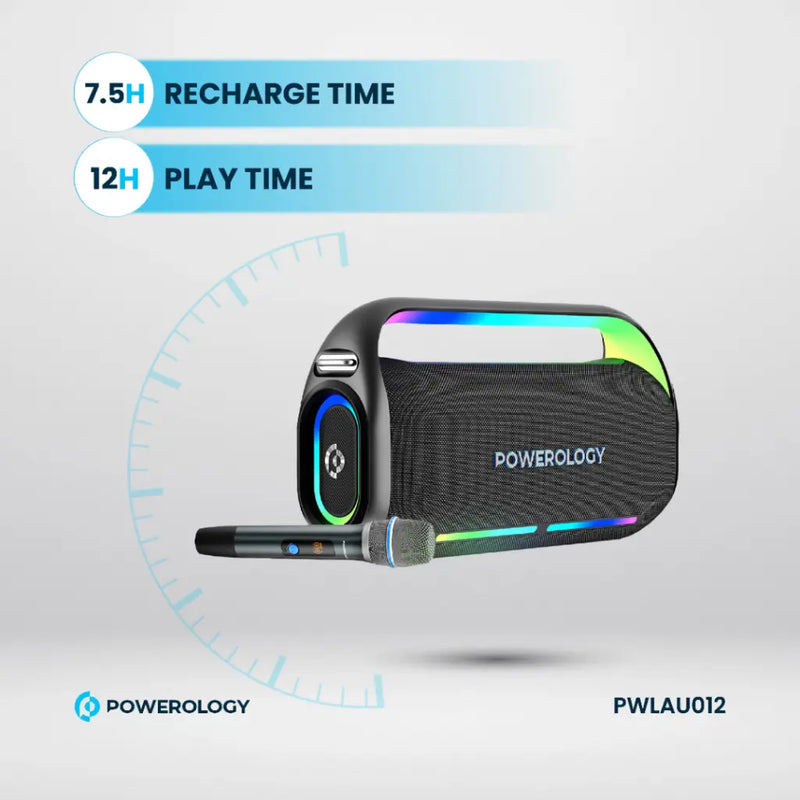 Powerology Deep Bass Party Speaker - Black [O] - سبيكر مكبر صوت + ميكروفون - باورولجي - كفالة 24 شهر