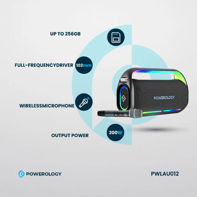 Powerology Deep Bass Party Speaker - Black [O] - سبيكر مكبر صوت + ميكروفون - باورولجي - كفالة 24 شهر