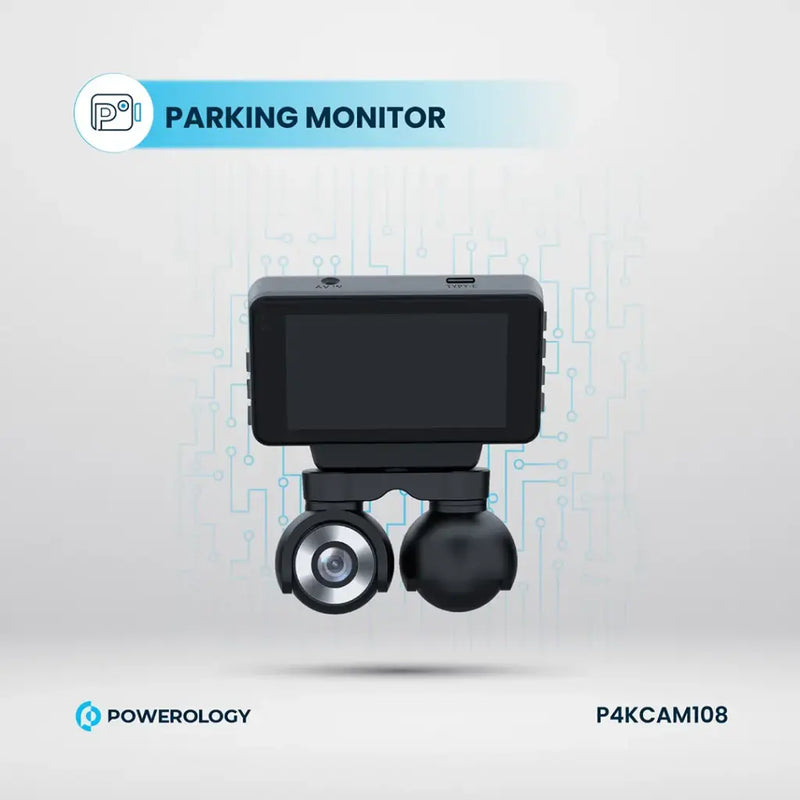 Powerology Dual Lens Dash Camera - Black - كاميرا سيارة من باورولوجي بجودة 4 ك -  ( اماميه + داخليه ) 2 في 1 - كفالة 12 شهر
