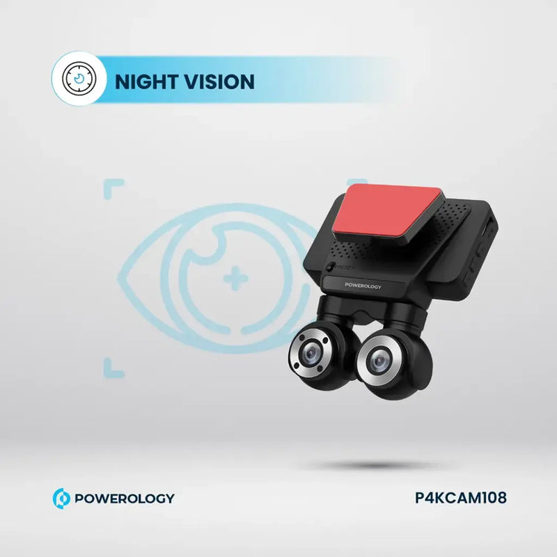 Powerology Dual Lens Dash Camera - Black - كاميرا سيارة من باورولوجي بجودة 4 ك -  ( اماميه + داخليه ) 2 في 1 - كفالة 12 شهر
