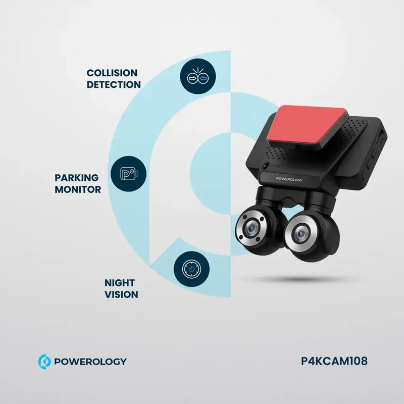 Powerology Dual Lens Dash Camera - Black - كاميرا سيارة من باورولوجي بجودة 4 ك -  ( اماميه + داخليه ) 2 في 1 - كفالة 12 شهر