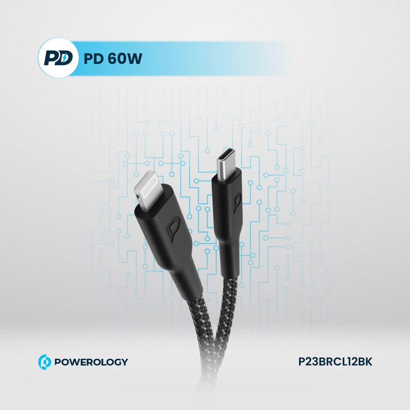 Powerology New Braided Type-C to Lightning Cable 1.2M PD 60W - Black - سلك شحن ايفون - تايب سي - باورولوجي - 1.2 متر - كفالة 24 شهر