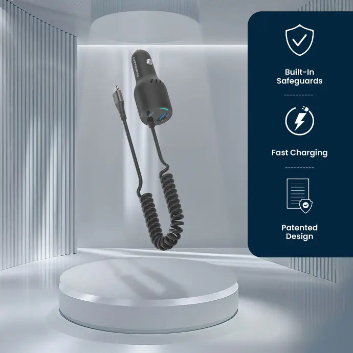 Powerology PD45W+QC18W+Type CCable 35W LED Dual Ports Car Charger With Coiled Cable -Black [O]  شاحن ولاعة مع كيبل تايب سي - بوراولجي - منفذ يو اس بي + تايب سي - كفالة 18 شهر