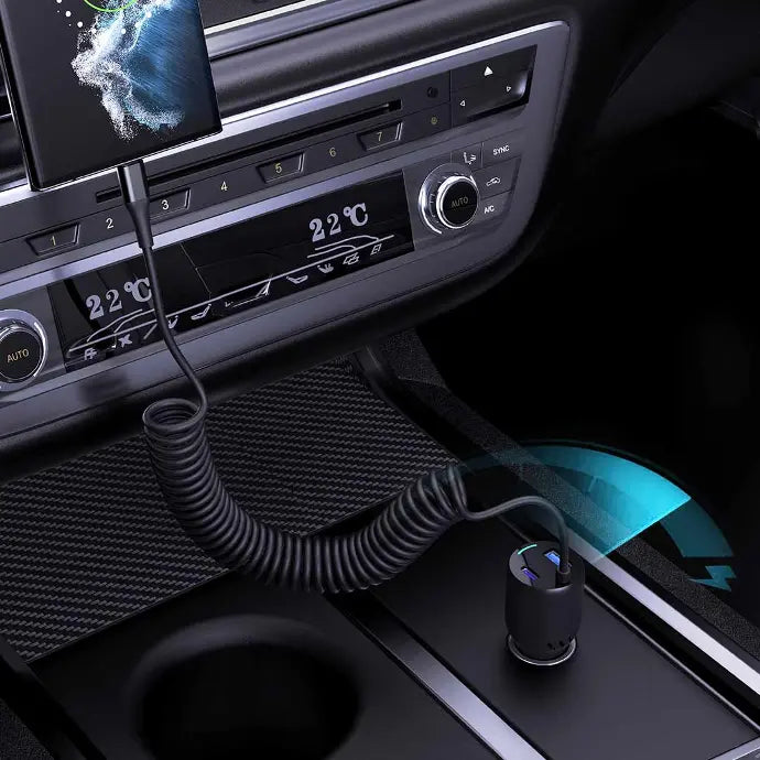 Powerology PD45W+QC18W+Type CCable 35W LED Dual Ports Car Charger With Coiled Cable -Black [O]  شاحن ولاعة مع كيبل تايب سي - بوراولجي - منفذ يو اس بي + تايب سي - كفالة 18 شهر