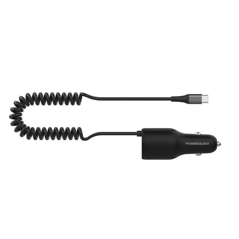 Powerology PD45W+QC18W+Type CCable 35W LED Dual Ports Car Charger With Coiled Cable -Black [O]  شاحن ولاعة مع كيبل تايب سي - بوراولجي - منفذ يو اس بي + تايب سي - كفالة 18 شهر