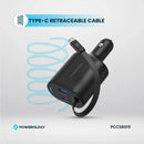 Powerology Type-C Retractable Car Charger 115W - Black [O]- شاحن ولاعة مع كيبل تايب سي مدمج - باورولوجي  - منفذ يو اس بي + تايب سي - قوة 115 واط - كفالة 12 شهر