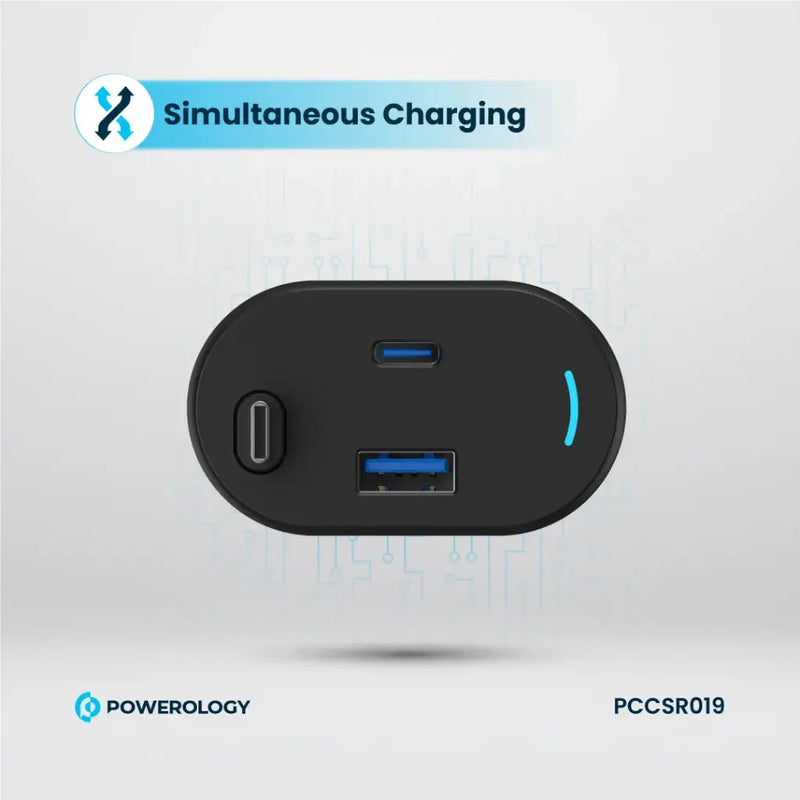 Powerology Type-C Retractable Car Charger 115W - Black [O]- شاحن ولاعة مع كيبل تايب سي مدمج - باورولوجي  - منفذ يو اس بي + تايب سي - قوة 115 واط - كفالة 12 شهر