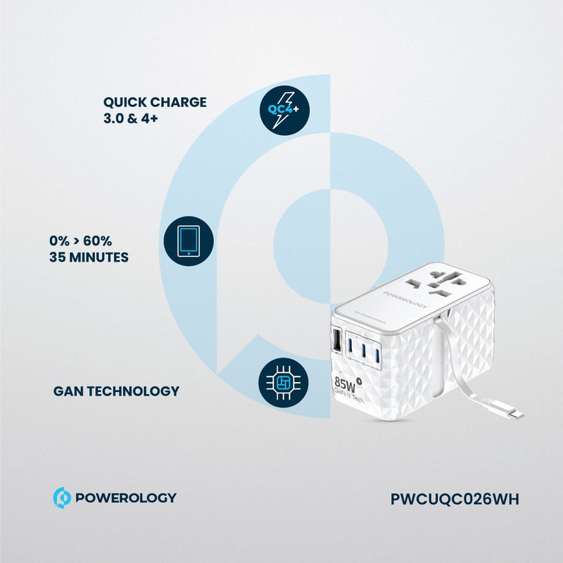 Powerology Universal GaN 85W Super Charger Retractable Type-C Cable White [O] بلاك حائط شحن دولي - 4 فتحات للشحن - 3 فتحات تايب سي +1 فتحة يو اس بي - قوة 85 واط  مع كيبل تايب سي - كفالة 24 شهر