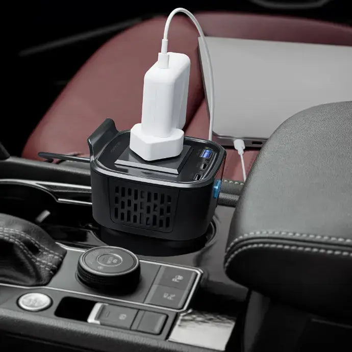 Powerology 150w Cup Holder Power Inverter - شاحن سيارة + محول طاقة - 2 في 1 - 1 منفذ كهرباء 12 فولت - 1 منفذ يو اس بي - 2 منفذين تايب سي - قوة 150 واط - كفالة 24 شهر