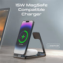 Promate 15W AuraFold-Trio Ultra-Slim Foldable MagSafe Wireless Charger - Black [BO] - ستاند شحن - 3 في 1 خاصية الشحن السريع +شحن الساعة +شحن السماعة - كفالة 12 شهر