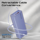 Promate Lucid Clear-Case Power Bank 45W PD w/ Retractable USB-C Cable 20000mAh - Purple [BO] - بطارية متنقلة - بروميت - قوة 20000 + تايب سي - 1 منفذ تايب سي - 1 منفذ يو اس بي - قوة 45واط - كفالة 12 شهر