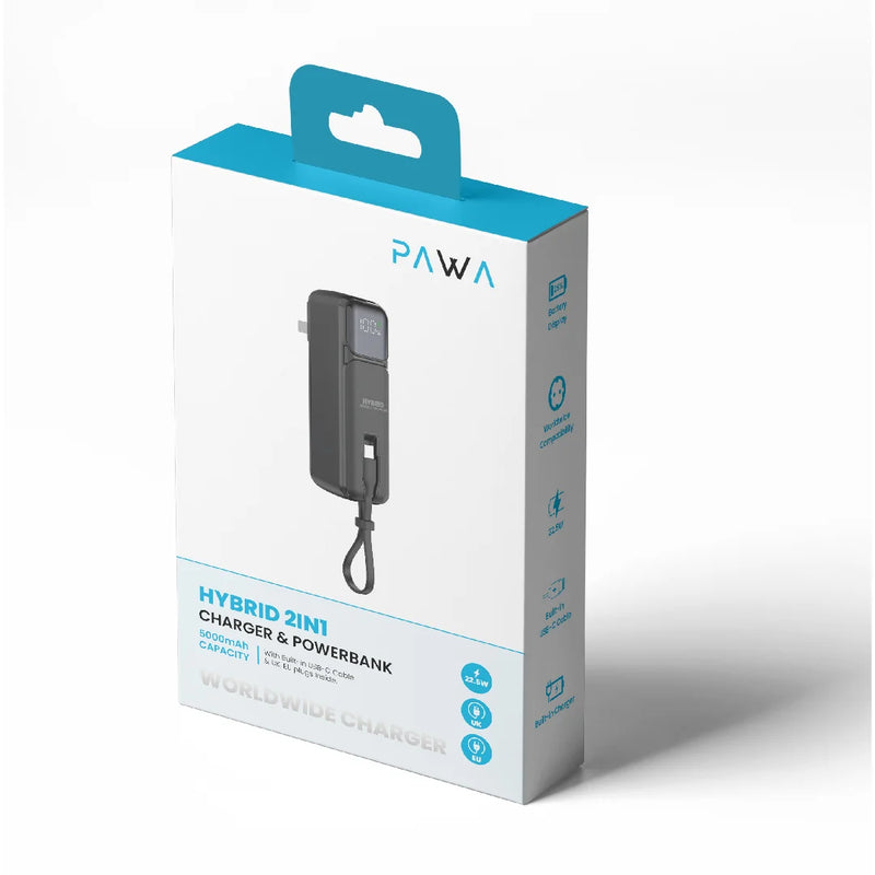 Pawa Hybrid 2in1 Charger & Powerbank - Black - شاحن حائط دولي -  2 في 1 - باور بانك سعة 5000 + سلك شحن تايب سي - شاشه رقمية - كفالة 24 شهر