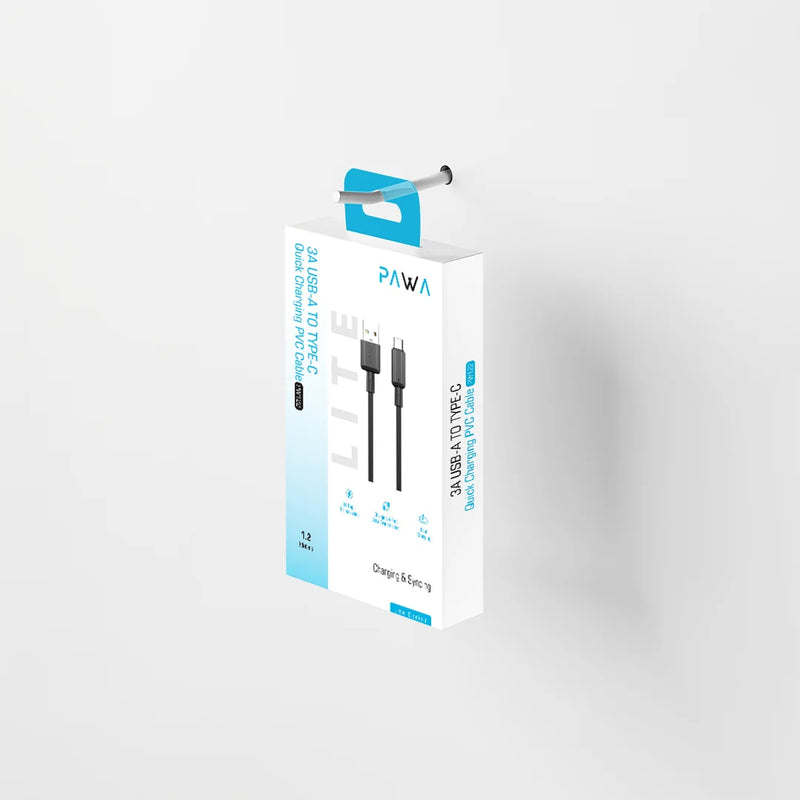 Pawa 3A USB-A TO TYPE C Quick Charging PVC Cable PW122 | Black - سلك شحن تايب سي - باوا - طول 1.2 سم - كفالة 24 شهر