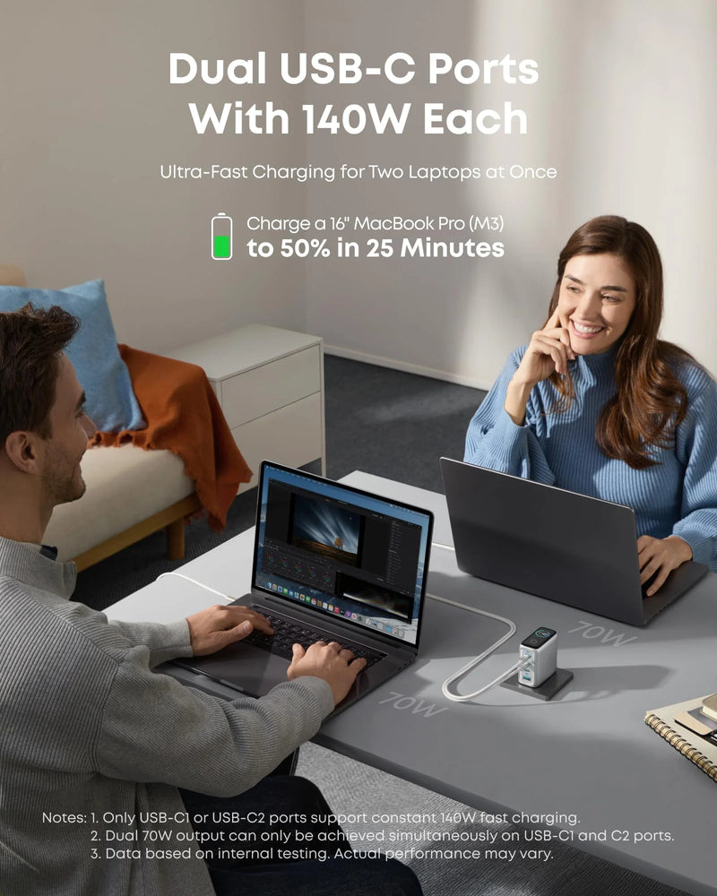 Anker Laptop Charger (140W, 4-Port, PD 3.1) with USB-C Cable Silver [D] - شاحن حائط - انكر - قوة 140 واط - 4 منافذ للشحن السريع - شاشه رقميه - سلك شحن تايب سي - كفالة 18 شهر