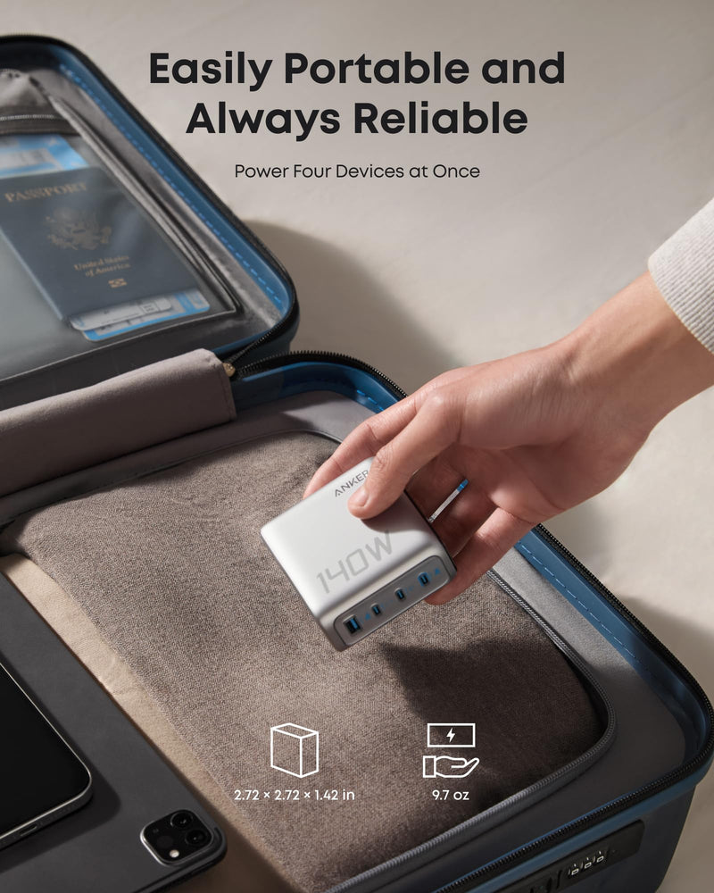 Anker Laptop Charger (140W, 4-Port, PD 3.1) with USB-C Cable Silver [D] - شاحن حائط - انكر - قوة 140 واط - 4 منافذ للشحن السريع - شاشه رقميه - سلك شحن تايب سي - كفالة 18 شهر