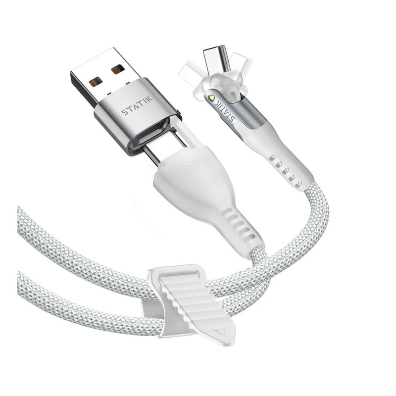 Statik PowerPivot Pro 100w Nylon Braided C-C Cable 3M (White) [C] سلك شحن - 3 في 1 - من يو اس بي + تايب سي - الى تايب سي + ايفون - طول 3 متر