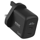 Stout GaN Travel Charger 45W UK Standard - شاحن حائط - قوة 45 واط - منفذين تايب سي  للشحن السريع  - كفالة 12 شهر