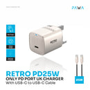 PAWA Retro PD25W Only PD Port UK Charger With USB-C to USB-C Cable - Titanium - بلاك شاحن حائط + سلك شحن تايب سي - 25 واط - باوا - كفالة 12 شهر