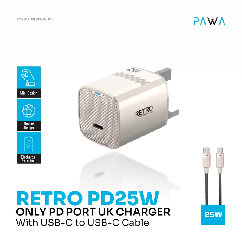 PAWA Retro PD25W Only PD Port UK Charger With USB-C to USB-C Cable - Titanium - بلاك شاحن حائط + سلك شحن تايب سي - 25 واط - باوا - كفالة 12 شهر