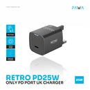 PAWA Retro PD25W Only PD Port UK Charger [O] - شاحن حائط - قوة 25 واط - منفذ تايب سي  للشحن السريع  كفالة 12 شهر
