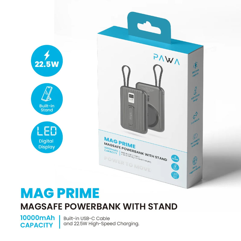 Pawa Mag Prime Magsafe Powerbank with Stand and Built in cable [O]- بطاريه متنقلة - سعة 10 ألاف - باوا + شحن ماغ سيف قوة 15 واط  - ستاند + سلك شحن  تايب سي - شاشة رقمية - كفالة 24 شهر