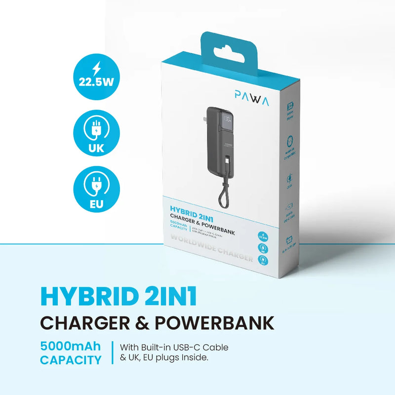 Pawa Hybrid 2in1 Charger & Powerbank - Black - شاحن حائط دولي -  2 في 1 - باور بانك سعة 5000 + سلك شحن تايب سي - شاشه رقمية - كفالة 24 شهر