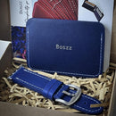 Boszz hand made Watch Band for Apple Watch 45mm/44mm/Ultra with simple card holder width/102mm height/72mm - Blue [T] - سير ساعة أبل واتش + محفظة للبطاقات و الفلوس - جلد طبيعي يدوي