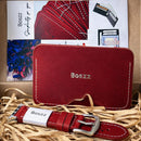 Boszz hand made Watch Band for Apple Watch 45mm/44mm/Ultra with simple card holder width/102mm height/72mm - Red [T] - سير ساعة أبل واتش + محفظة للبطاقات و الفلوس - جلد طبيعي يدوي