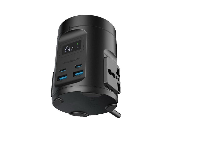 Powerology Magsafe Power Hub USB-C Power Delivery And USB-A QC 3.0 [O] - ستاند شحن - 3 في 1 - شاحن ماغ سيف وايرلس بقوة 15 واط + 2 منفذين كهرباء + 2 منفذين تايب سي - قوة 65 واط + 2 منفذين يو اس بي + شاشة رقمية - خاصية الشحن السريع - كفالة 18 شهر