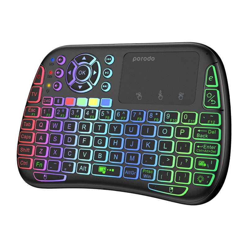 Porodo Mini Wireless Keyboard Touch Combo - Black - ريموت + لوحة مفاتيح ( عربي / انجليزي ) - ميني - مناسب لجميع انواع الاجهزة - بورودو