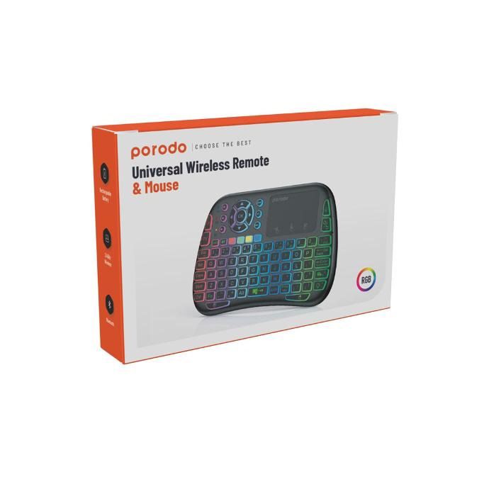 Porodo Mini Wireless Keyboard Touch Combo - Black - ريموت + لوحة مفاتيح ( عربي / انجليزي ) - ميني - مناسب لجميع انواع الاجهزة - بورودو
