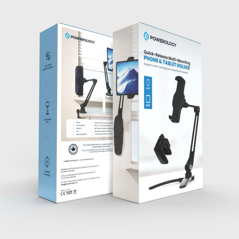 Powerology Adjustable Long Arm 360° Rotatable Suction Phone Holder - Black - ستاند - لجميع انواع الايباد والاجهزة اللوحية والهواتف - متعدد الاوضاع - باورولوجي