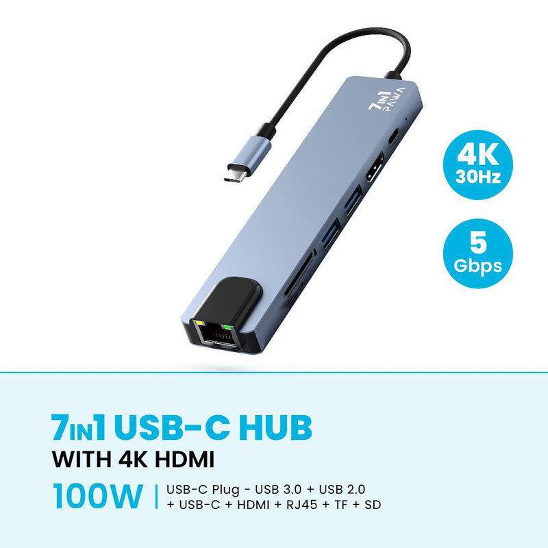 Pawa 7IN1 USB-C HUB WITH 4K HDMI - وصلة تايب سي - 7 في 1 - لاجهزة الايباد برو والماك بوك - متعددة الاستخدام - كفالة 12 شهر