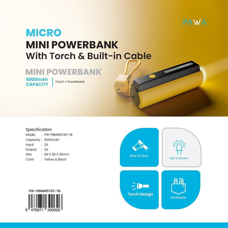 Pawa Micro Mini Powerbank with Torch and Lanyard cable black & yellow - بطارية متنقلة - باوا - سعة 5000 - سلك شاحن تايب سي + كشاف مضئ - كفالة 24 شهر
