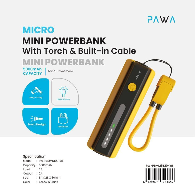 Pawa Micro Mini Powerbank with Torch and Lanyard cable black & yellow - بطارية متنقلة - باوا - سعة 5000 - سلك شاحن تايب سي + كشاف مضئ - كفالة 24 شهر
