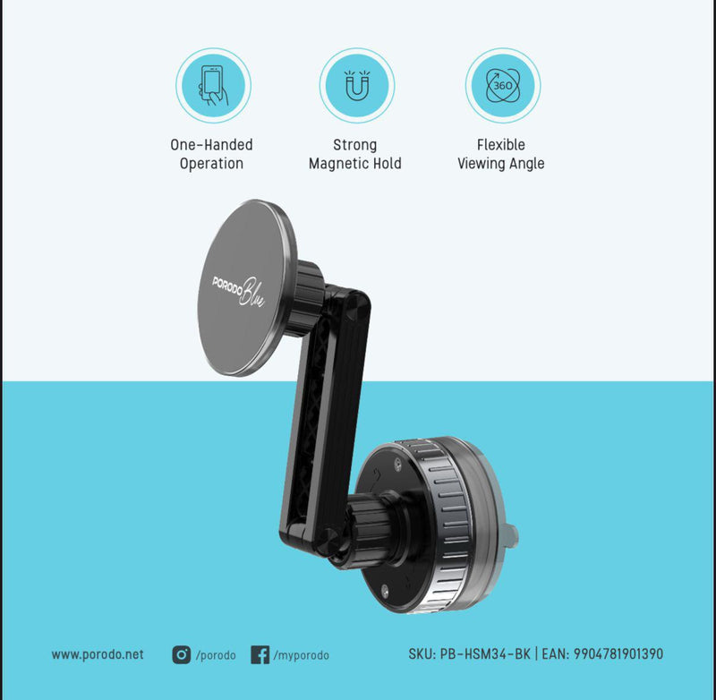 Porodo Blue Multi-Purpose Magnetic Phone Mount - Black - ستاند سيارة مناسب لجميع انواع الاجهزة - دوران 360 درجة - مغناطيس - شفط بدون شحن - بورودو