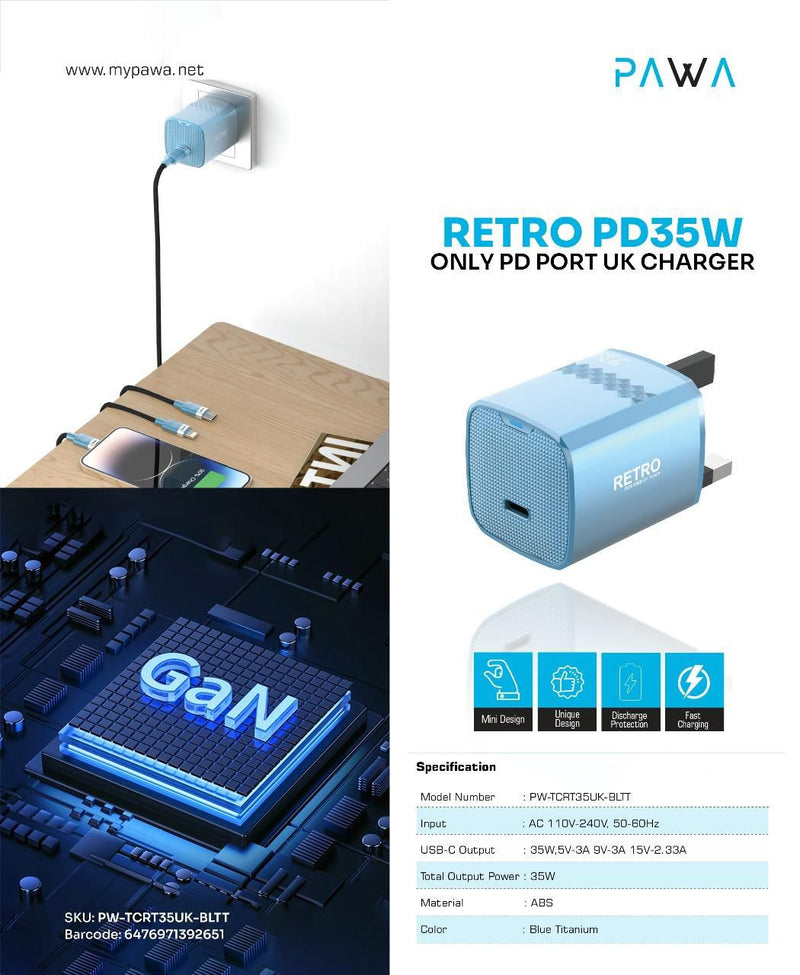 PAWA Retro PD35W Only PD Port UK Charger [O] - شاحن حائط - قوة 35 واط - منفذ تايب سي  للشحن السريع  كفالة 12 شهر
