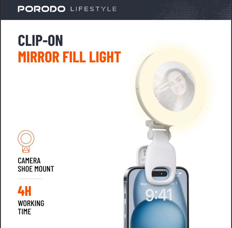 Porodo Lifestyle Clip-On Mirror Fill Light - اضاءة - للتصوير - متوافقة مع جميع الاجهزة