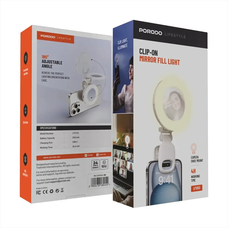 Porodo Lifestyle Clip-On Mirror Fill Light - اضاءة - للتصوير - متوافقة مع جميع الاجهزة