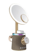 Porodo Makeup Mirror with Wireless Charger & Speaker, Button Control, 15W Phone Output, 3W Watch  Bluetooth Version 5.1, 5W Earbuds Output, 3 - Gold - مرايا مع اضاءة ميك اب + شاحن ساعة + شاحن سماعة ماغ سيف + مكبر صوت سبيكر - بورودو - كفالة 24 شهر