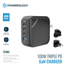 Powerology 100W Triple PD + 1 QC3.0 World Travel Kit - بلاك حائط شحن دولي - 4 فتحات للشحن - 3 فتحات تايب سي +1 فتحة يو اس بي - قوة 100 واط - كفالة 24 شهر