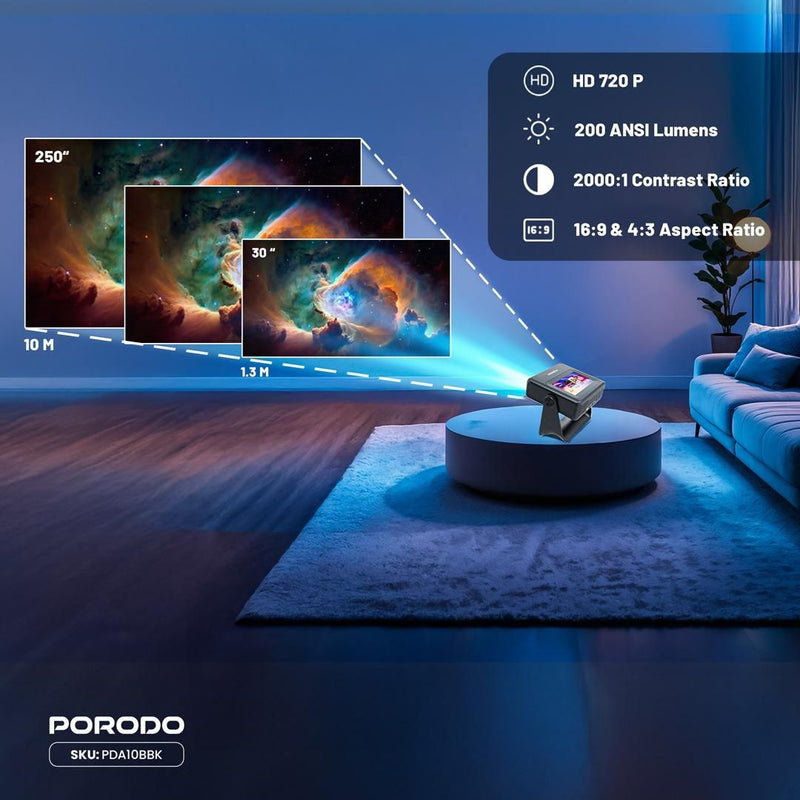 Porodo LifeStyle Optivis Smart HD Projector - Black - بروجكتور متنقل + شاشة دجيتال - كفالة 12 شهر