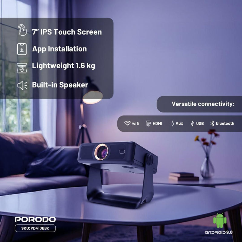 Porodo LifeStyle Optivis Smart HD Projector - Black - بروجكتور متنقل + شاشة دجيتال - كفالة 12 شهر